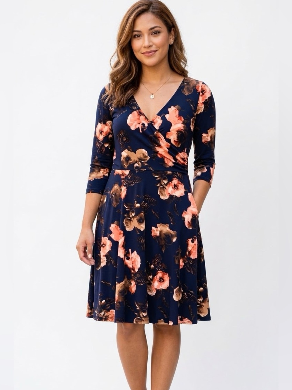 GILLI Floral Wrap-Front Navy Dress with Peach Bloom size medium